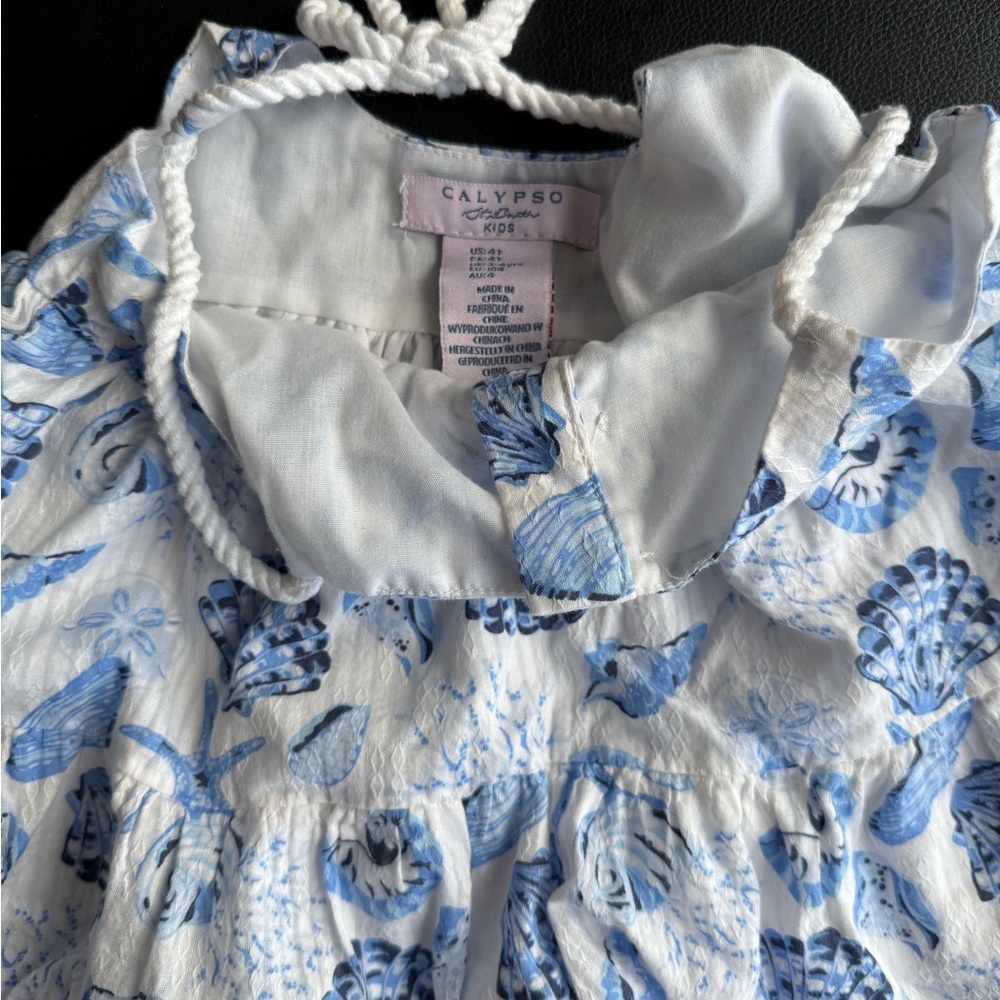 Calypso St. Barth Blue and White Seashell Girl’s Tiered Dress Lined Wood Buttons - Picture 3 of 3